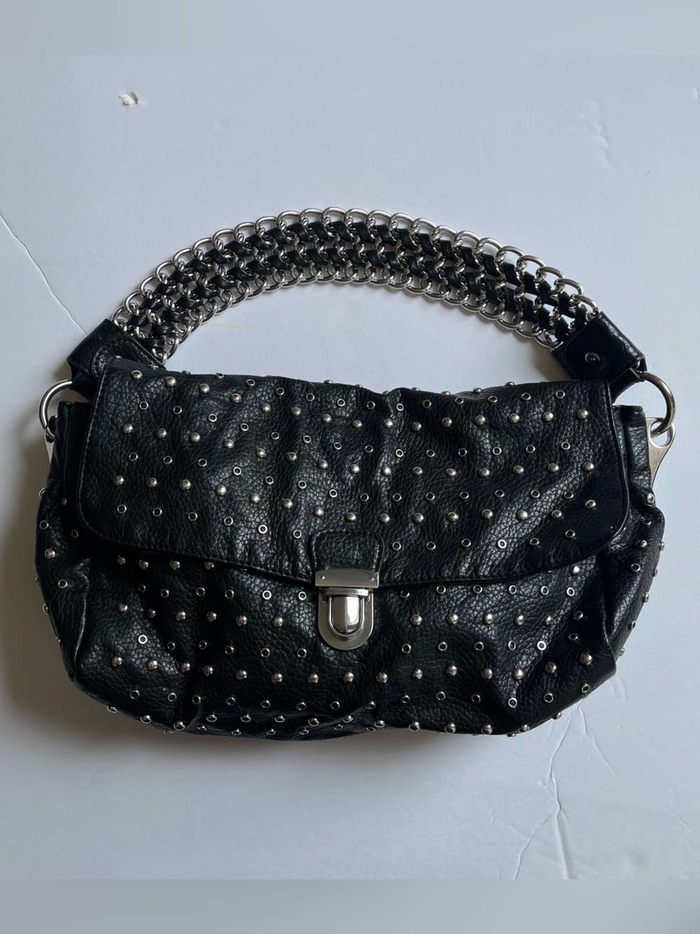 Black Studded Leather Shoulder Bag with Chain Strap